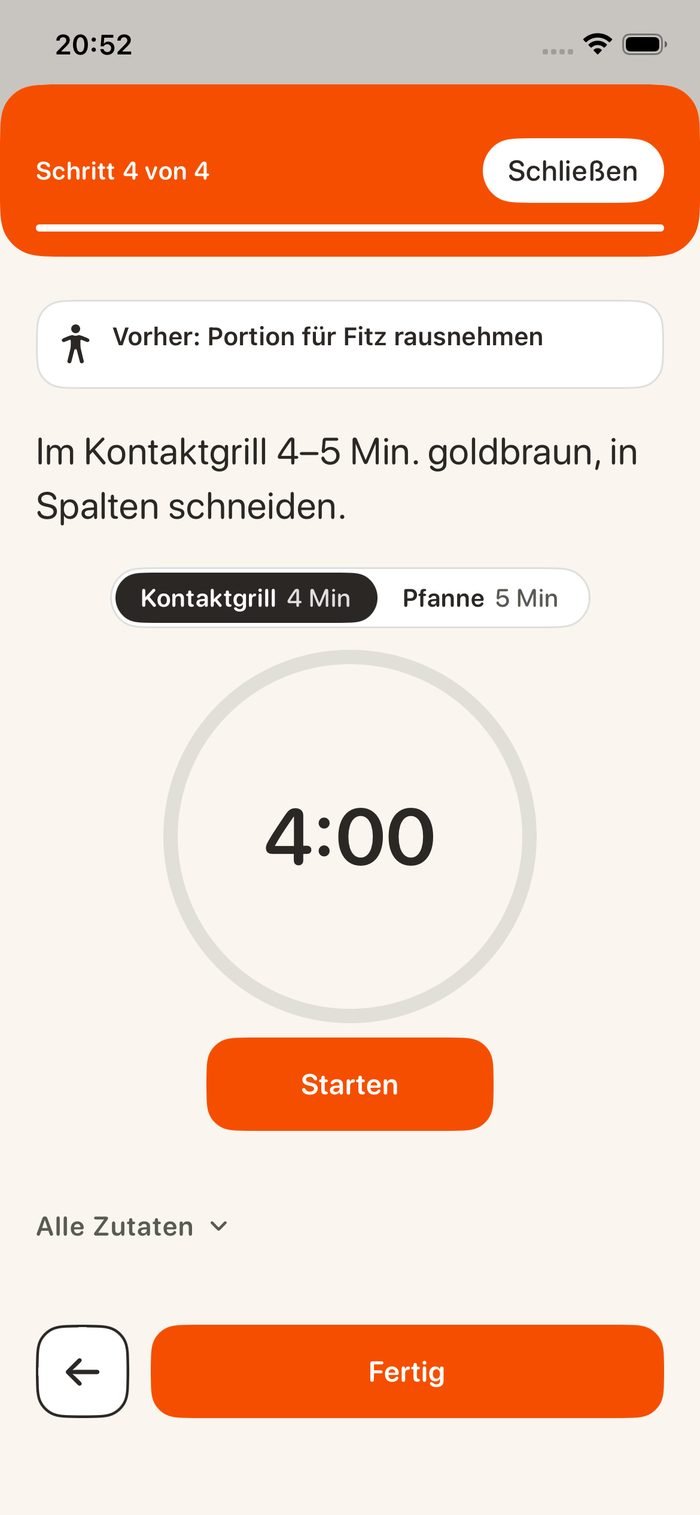 Der Kochmodus: Schritt 4 von 4, mit dem Hinweis „Vorher: Portion für Fitz rausnehmen“.