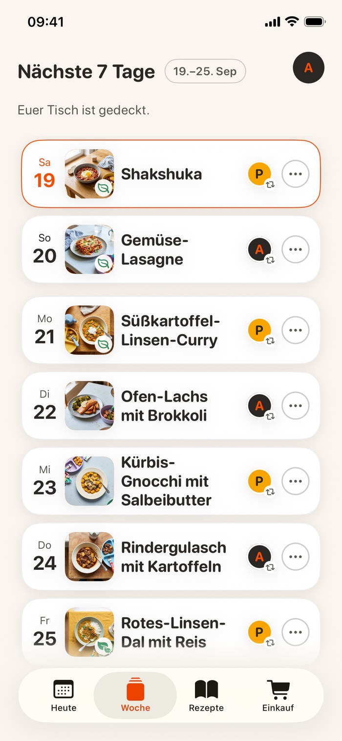 Der Wochenplan: die nächsten sieben Tage, jeder Tag mit einem Gericht — Shakshuka, Gemüse-Lasagne, Süßkartoffel-Linsen-Curry.