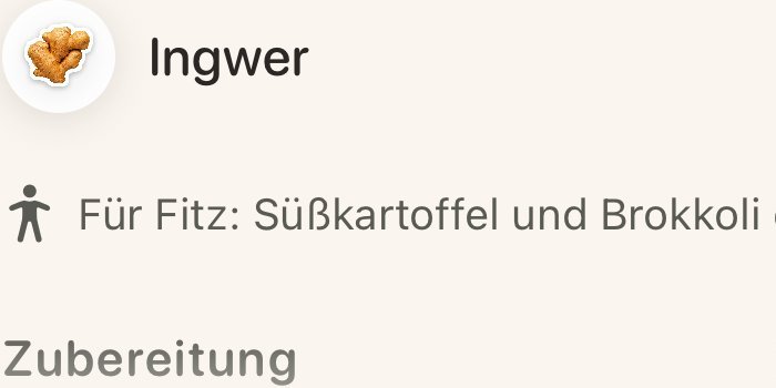 Ausschnitt der Rezeptseite: der Hinweis, wann die Portion für Fitz absehbar wird, vor Süßkartoffel und Brokkoli.