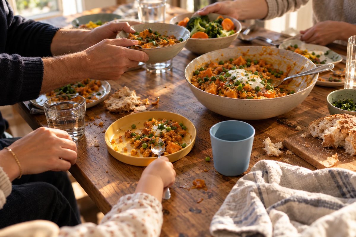 Mittagessen an einem Holztisch: eine große Schale Linsen-Curry, Brokkoli und Möhren, Brot, mehrere Hände reichen Schalen weiter, eine kleine Kinderhand führt einen Löffel zum Teller.