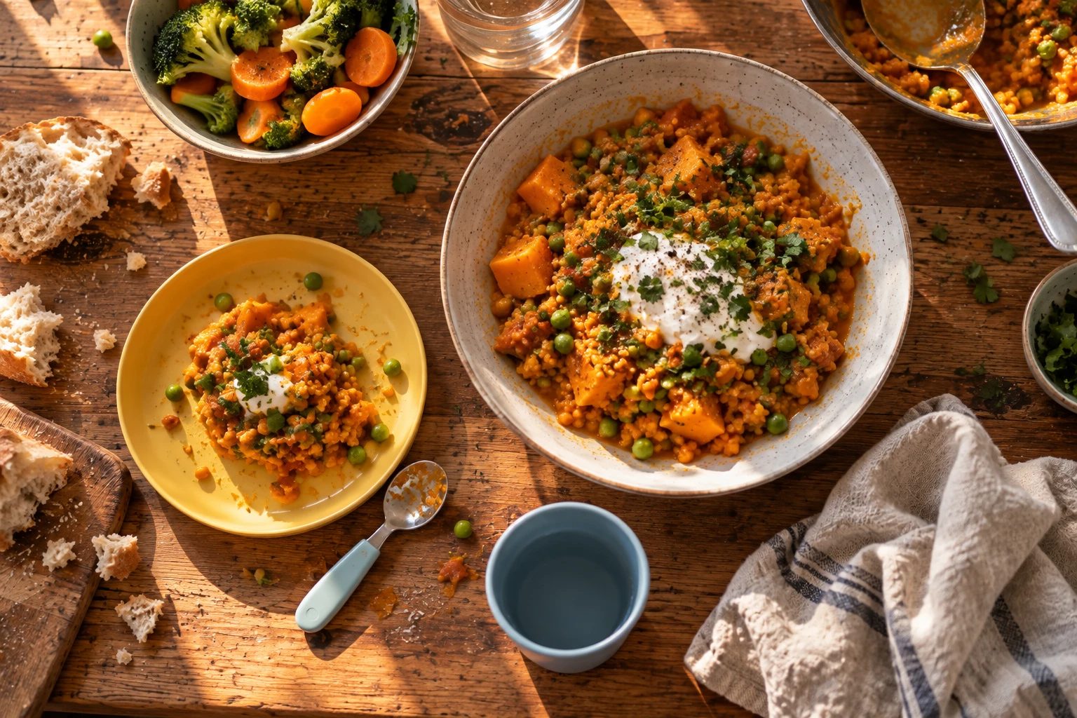 Tisch von oben: ein großer Teller Linsen-Curry, daneben ein kleiner Kinderteller mit derselben Speise in kleinerer Portion, dazu ein Kinderlöffel, ein Becher, Brokkoli mit Möhren, Brot und ein Leinentuch.