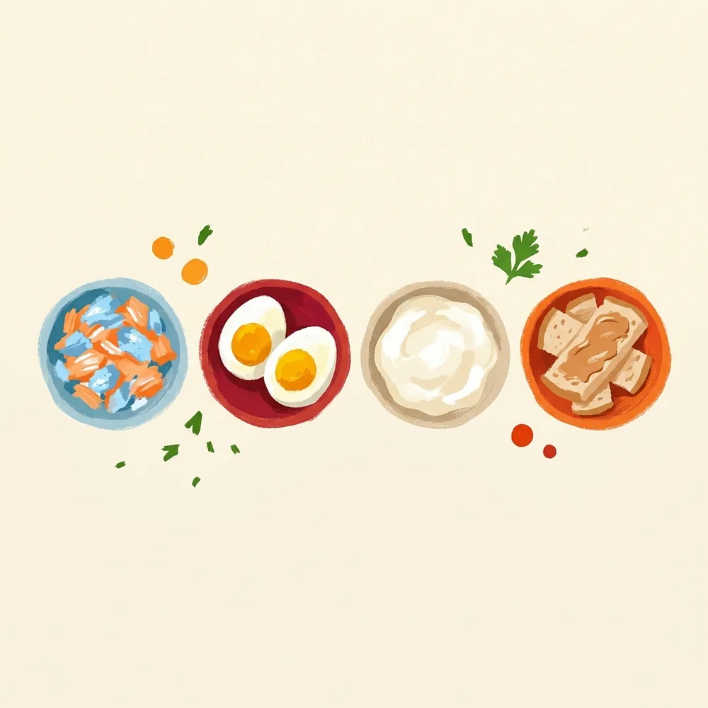 Illustration von oben: vier kleine Schalen nebeneinander mit zerpflücktem gegartem Fisch, halbierten hart gekochten Eiern, Naturjoghurt und weichen Brotstreifen mit dünnem Aufstrich.