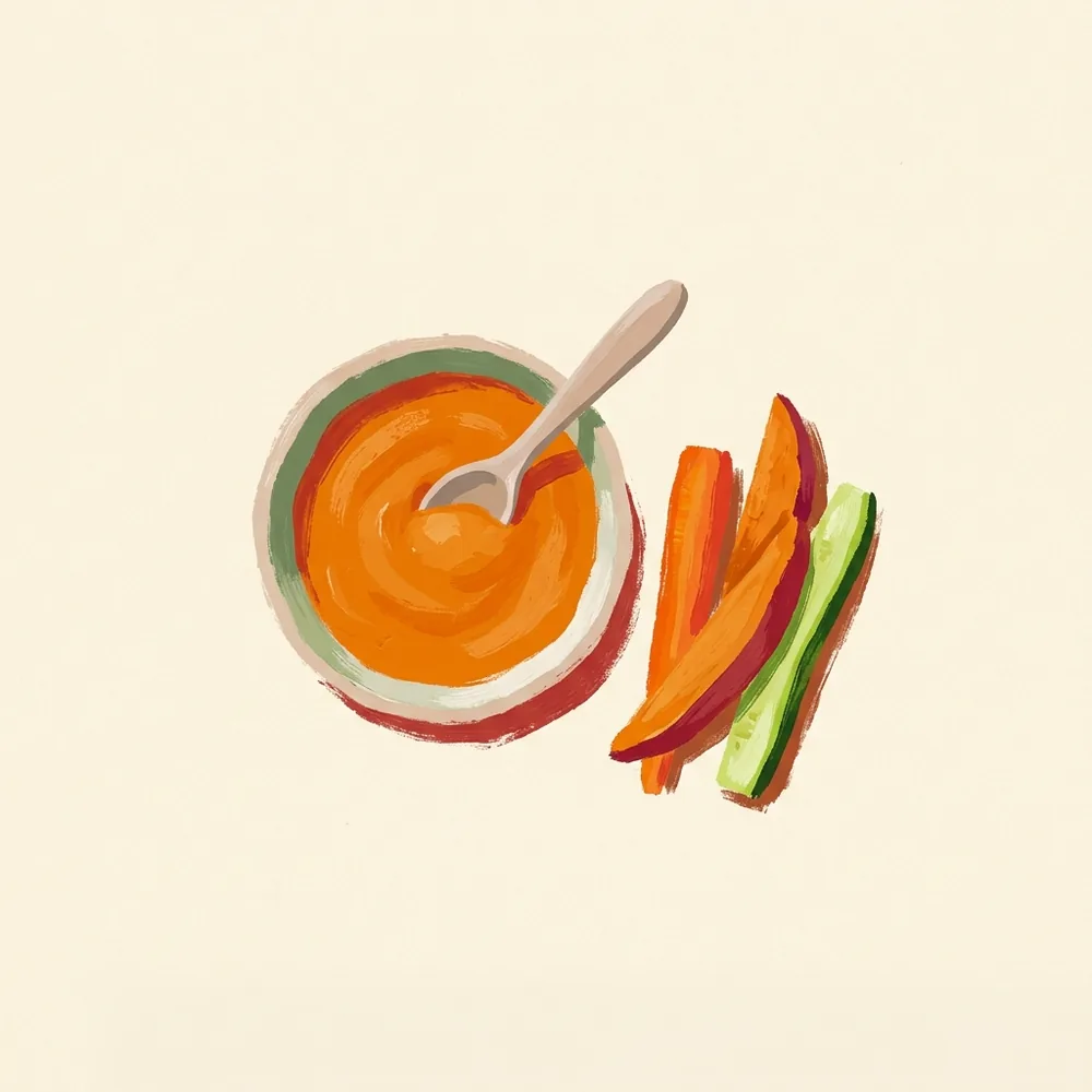 Illustration von oben: eine kleine Kinderschale mit orangefarbenem Gemüsepüree und einem kleinen Löffel, daneben weich gegarte Gemüsestreifen aus Karotte, Süßkartoffel und Zucchini.
