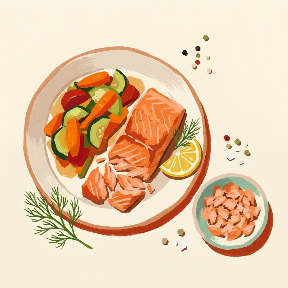 Illustration von oben: ein Teller mit gegartem Lachs in weichen Stücken und weichem Gemüse, daneben eine kleine Kinderschale mit demselben Fisch fein zerdrückt, dazu eine Zitronenscheibe und Dill.