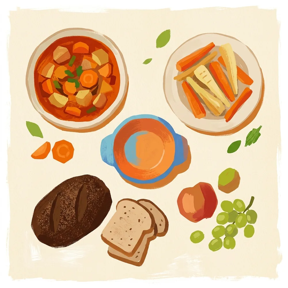 Illustration von oben: Gemüseeintopf, weich gegartes Gemüse in Streifen, Brot und Obst rund um eine kleine leere Kinderschale.