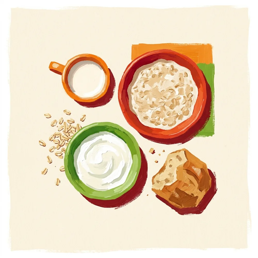 Illustration von oben: eine kleine Tasse Milch, eine Schale Milchbrei und eine Schale Naturjoghurt, daneben Haferflocken und ein Stück Brot.
