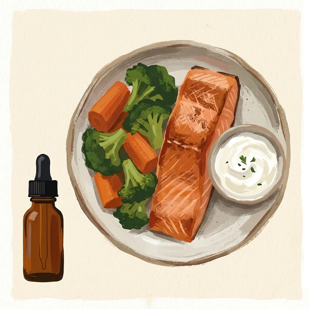 Illustration von oben: ein Teller mit gegartem Lachs, weichem Gemüse und einer kleinen Schale Naturjoghurt, daneben ein kleines braunes Tropffläschchen.
